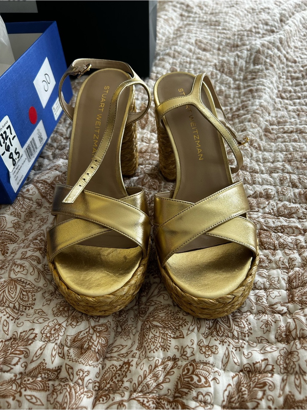Stuart Weitzman Gold Braided Espadrille Platform Sandals